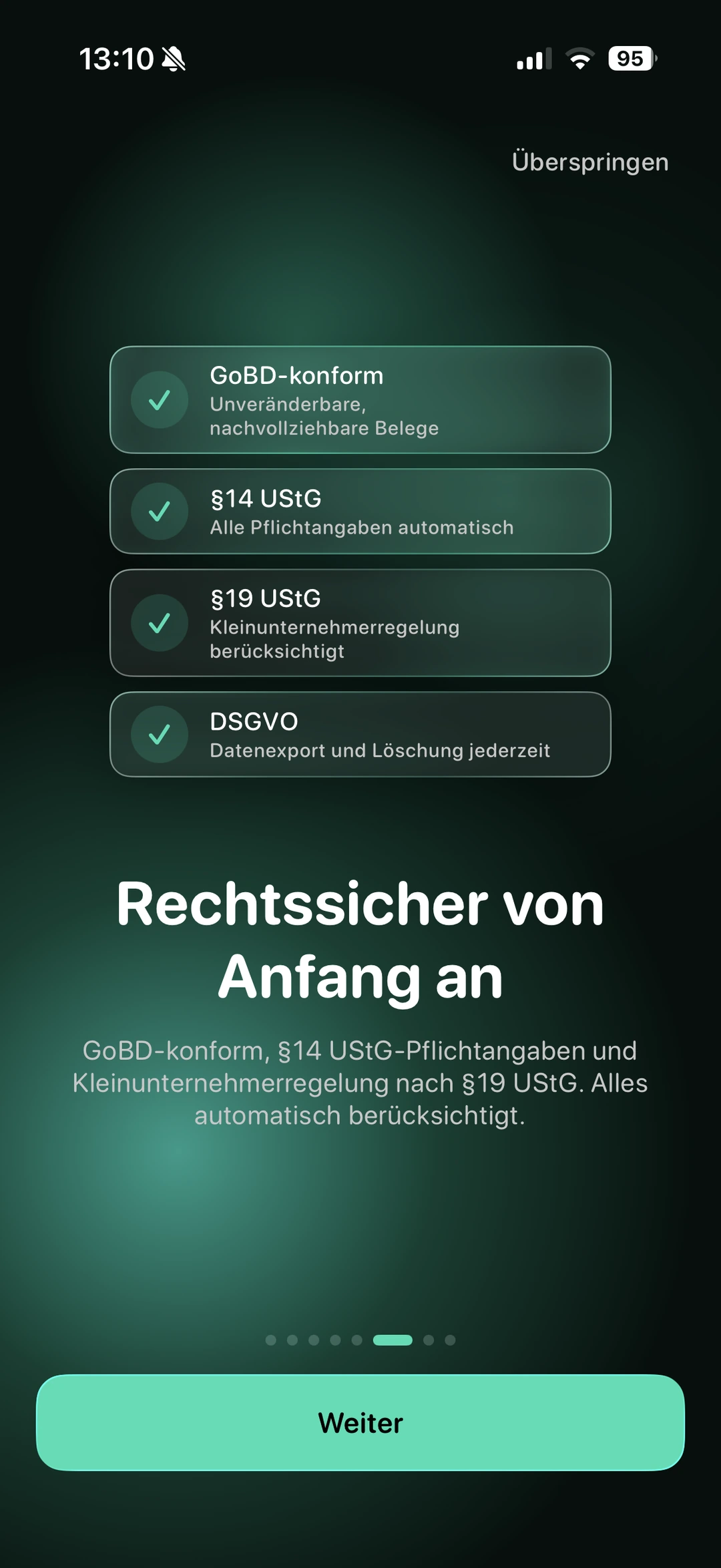 USELY App Screenshot: GoBD-konform, Paragraf 14 UStG, Paragraf 19 UStG Kleinunternehmerregelung und DSGVO